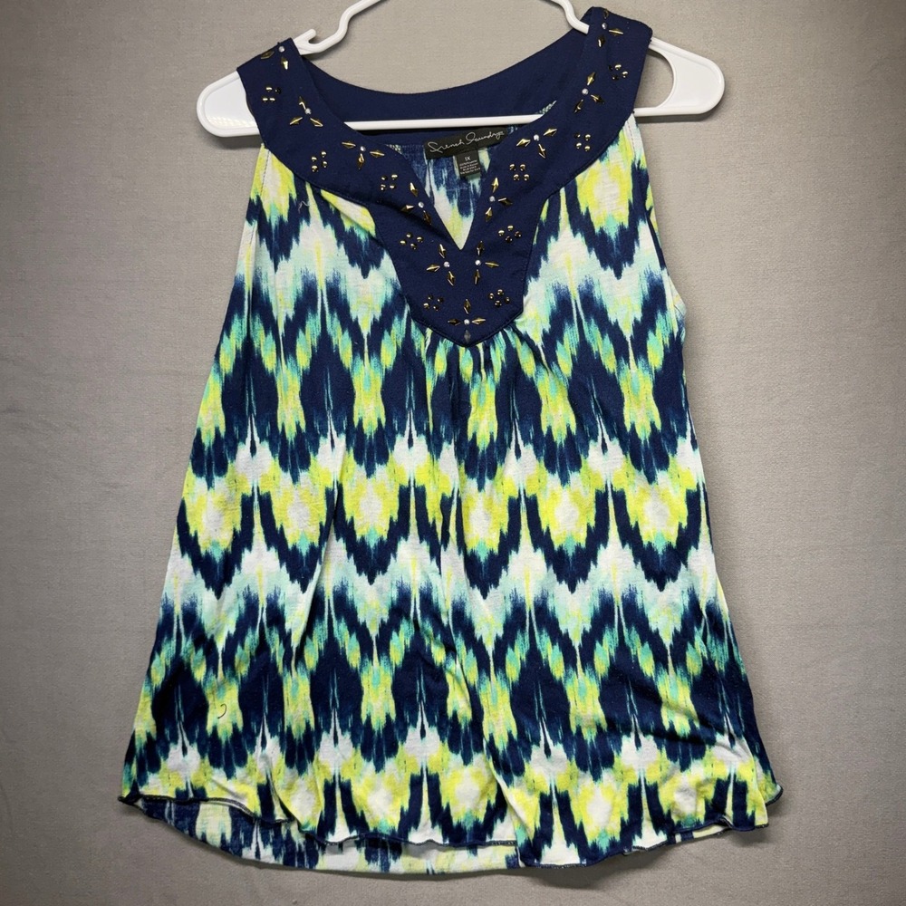 French Laundry Tank Top Womens 1X Blue Green Ikat Studded V-Neck Blouse Y2K
